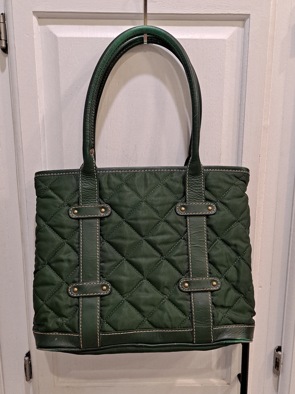 J. Crew Vintage Quilted Olive Green Nylon Tote Bag W/tan Leather Accents